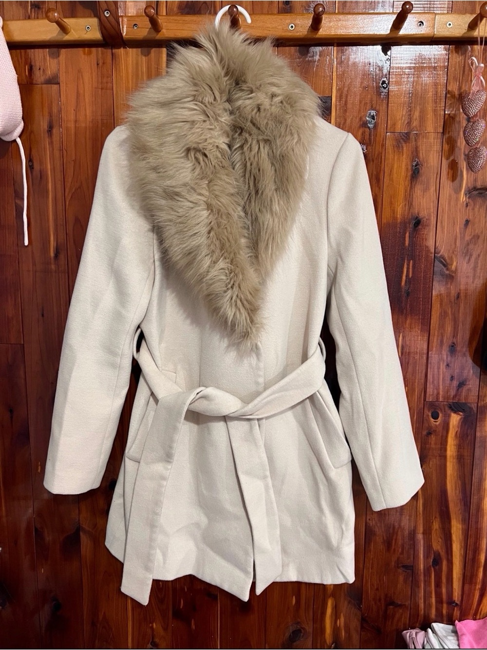 H&M Cream Trench Coat with Faux Fur Collar